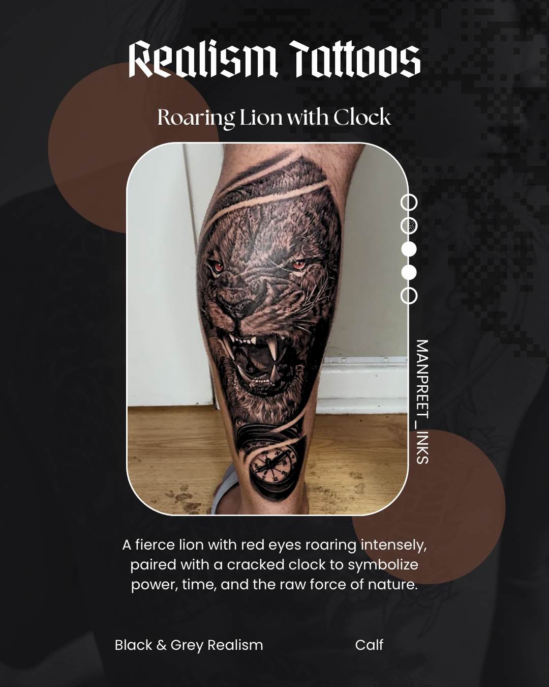Roaring Lion with Clock — Black & Grey Realism by Manpreet Inks